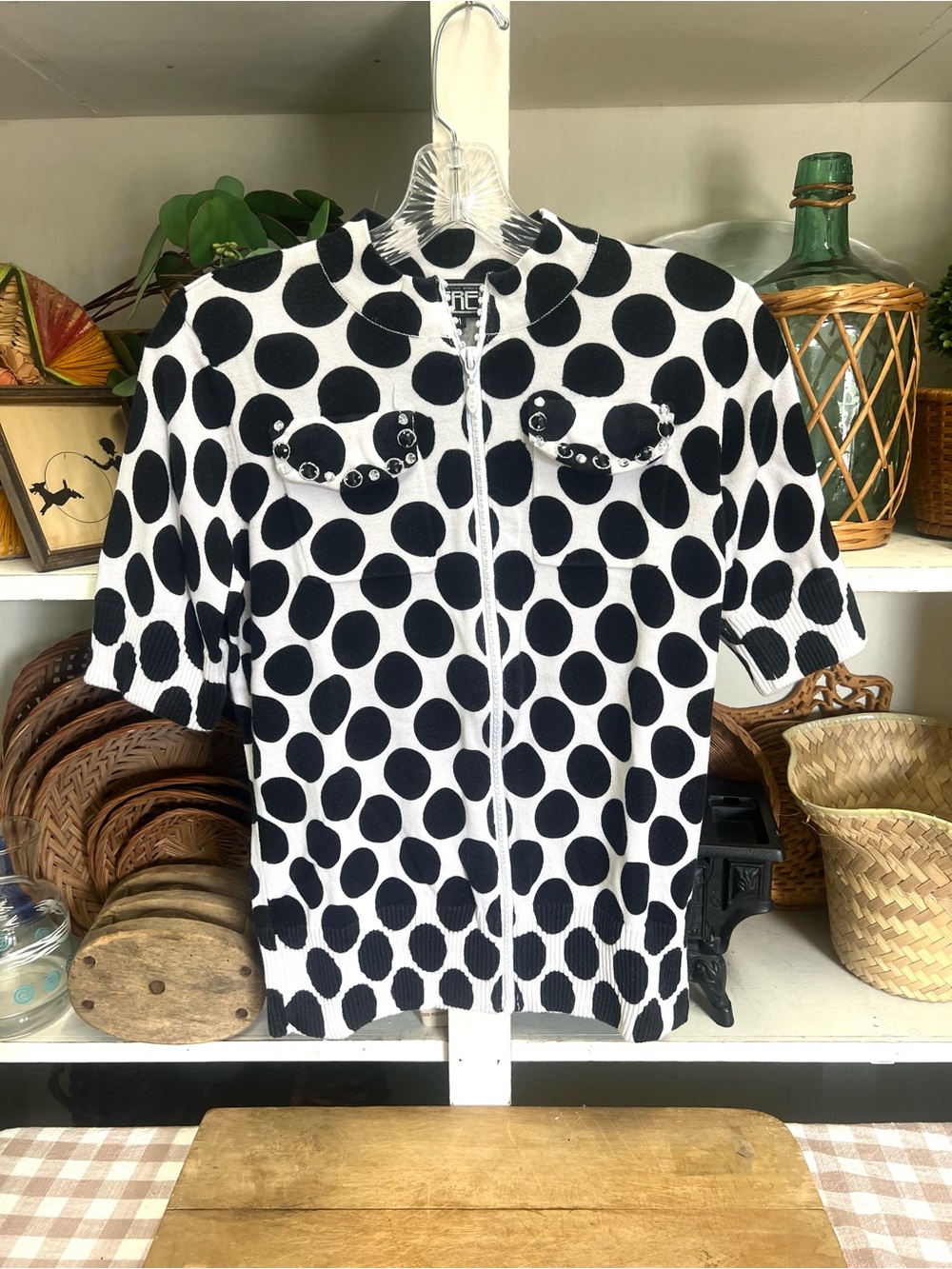Berek zip up short sleeve sweater medium black white polka dot